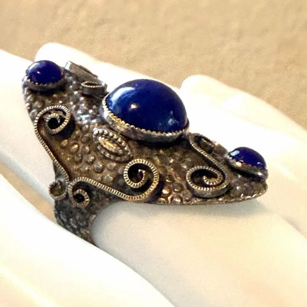 NEMCO Sculptural Silver Tone Statement Ring with Blue Cabochons